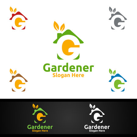 House Gardener Logo with Green Garden Environment or Botanical Agriculture Designのイラスト素材