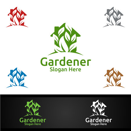 House Gardener Logo with Green Garden Environment or Botanical Agriculture Designのイラスト素材