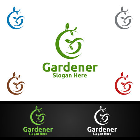 Gardener Care Logo with Green Garden Environment or Botanical Agriculture Designのイラスト素材