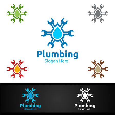 Plumbing Logo with Water and Fix Home Concept Designのイラスト素材