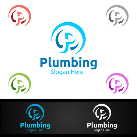 Letter P Plumbing Logo with Water and Fix Home Concept Designのイラスト素材