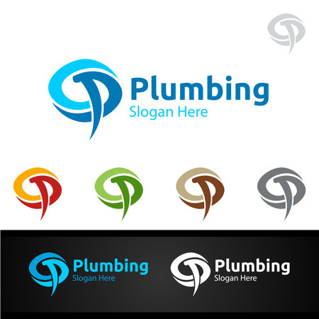 Letter P Plumbing Logo with Water and Fix Home Concept Designのイラスト素材