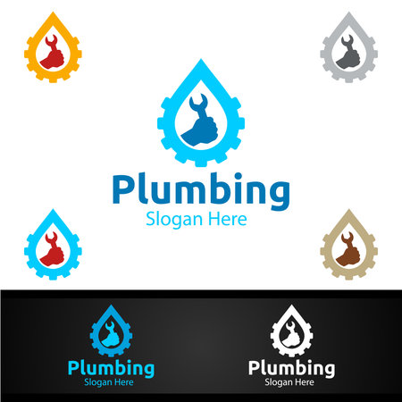 Wrench Plumbing Logo with Water and Fix Home Concept Designのイラスト素材