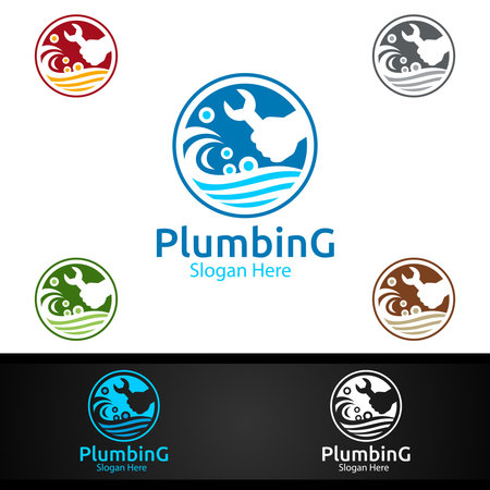 Wrench Plumbing Logo with Water and Fix Home Concept Designのイラスト素材