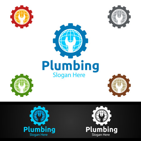 Global Plumbing Logo with Water and Fix Home Concept Designのイラスト素材