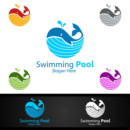 Whale Swimming Pool Service Logo with Cleaning Pool and Maintenance Concept Designのイラスト素材