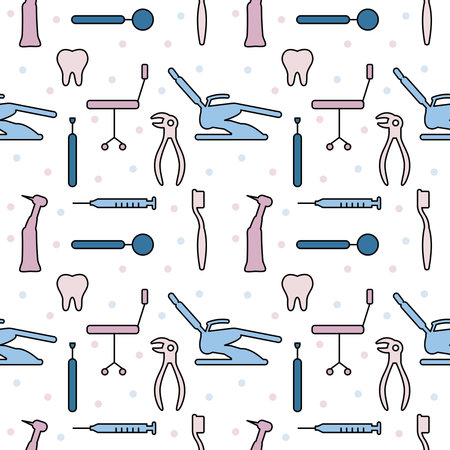 Dental care, Orthodontics Seamless Pattern with Line Icons. Dentist, Medical Equipment, Braces, Tooth Prosthesis, Floss, Caries Treatment, Toothpaste.のイラスト素材