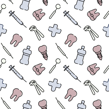 Dental care, Orthodontics Seamless Pattern with Line Icons. Dentist, Medical Equipment, Braces, Tooth Prosthesis, Floss, Caries Treatment, Toothpaste.のイラスト素材
