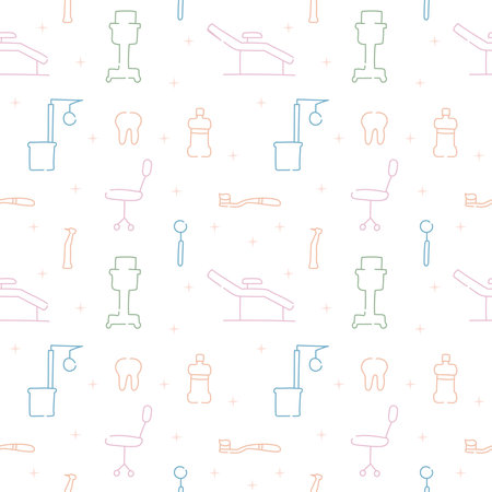 Dental care, Orthodontics Seamless Pattern with Line Icons. Dentist, Medical Equipment, Braces, Tooth Prosthesis, Floss, Caries Treatment, Toothpaste.のイラスト素材