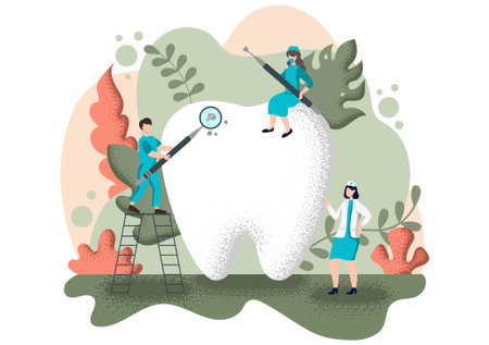 Dental Office Flat Color Illustration. Hospital interior with Workplace, Equipment, Instruments, Consultation, Treatment and Diagnosis Designのイラスト素材