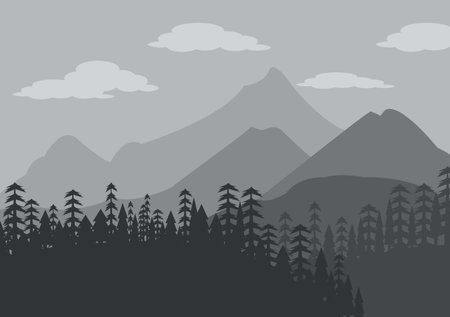 Desert Landscape with Cactus, Hills and Mountains Silhouettes. Vector Nature Horizontal Background Designのイラスト素材