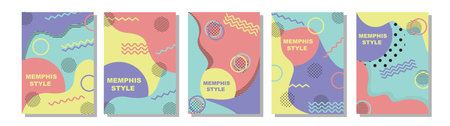 Set of Memphis Style Covers. Flat Vector Illustrations for Background, Brochures, Posters and Banners Templateのイラスト素材