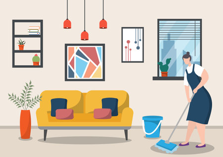 Cleaning Service Concept. Vector Flat Design Cartoon Illustration Templateのイラスト素材