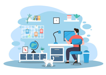 Vector Illustration People During Quarantine from virus. Works on Laptops and Computers at Home or Workplace .Remotely. Flat Style Design Conceptのイラスト素材