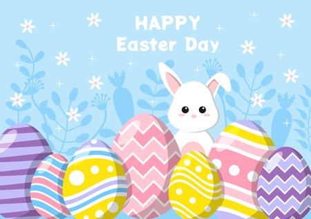Happy Easter Day Flat Design Illustration Background for Poster, Invitation, and Greeting Card. Rabbit and Eggs Concept.のイラスト素材
