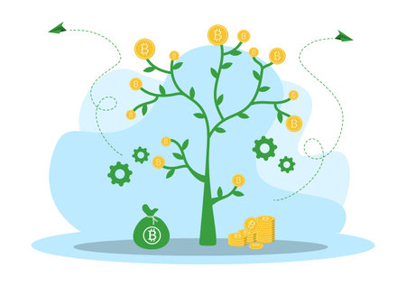 Cryptocurrency Illustration Flat Design with Businessman Miners and Coins. for Financial Technology, Blockchain, and Data Analysis Conceptのイラスト素材