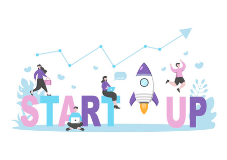 Startup Flat Illustration of business Development process, Innovation product, and creative idea.のイラスト素材
