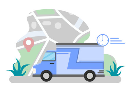 Flat Illustration of Online Delivery for Order Tracking, Courier Service, Goods Shipping, City Logistics using a Motorcycle and Truckのイラスト素材