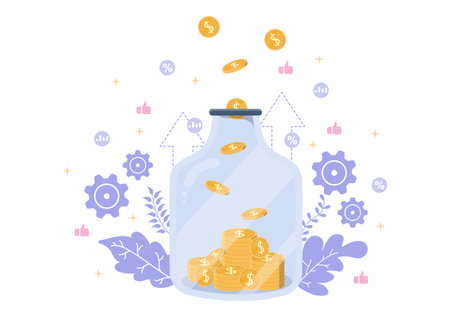 Investments Flat Illustration for Banner Business Solution, Web Page Analysis of Sales, Statistic Grow Data, Accounting, Innovative Ideas, and Cash Profits Conceptのイラスト素材