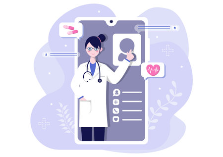 Online Healthcare and Medical Concept of Doctor Vector Illustration, Medicine Consultation and Treatment via Application of Smartphone or Computer Connected Internet Clinic.Modern Flat Web Landing page or Banner Designのイラスト素材