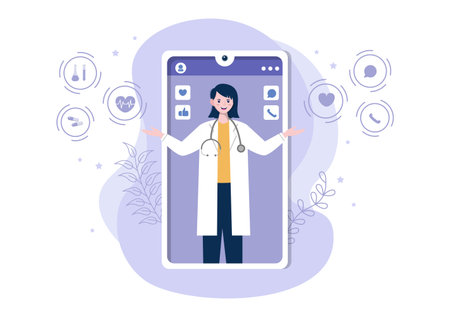 Online Healthcare and Medical Concept of Doctor Vector Illustration, Medicine Consultation and Treatment via Application of Smartphone or Computer Connected Internet Clinic.Modern Flat Web Landing page or Banner Designのイラスト素材