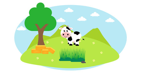 Cute Cartoon Vector Illustration of Cow and Farm Rural Meadow Designのイラスト素材