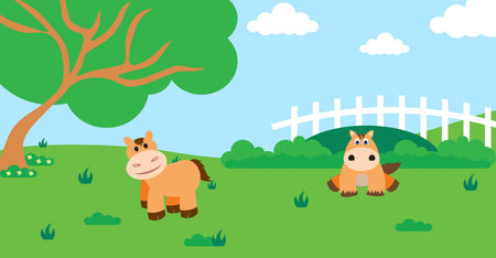 Cute Cartoon Vector Illustration of Horse and Farm Rural Meadow Designのイラスト素材