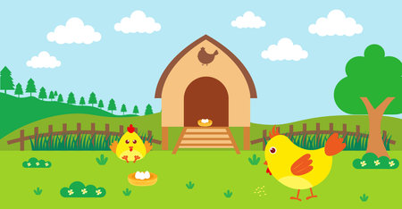 Cute Cartoon Vector Illustration of Chicken and Farm Rural Meadow Design