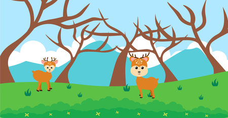 Deer Vector Cute Animals in Cartoon Style, Wild Animal, Designs for Baby clothes. Hand Drawn Charactersのイラスト素材