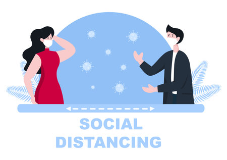 People Who Wear Masks and Maintain a Minimum Social Distancing of 1 Meter to Prevent Coronavirus Disease, Vector Illustrationのイラスト素材