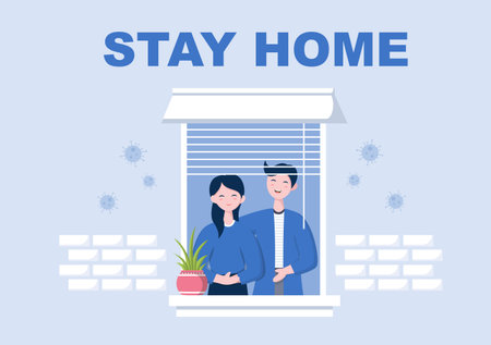 Stay at Home for Quarantine or Self Isolation to Reduce the Risk of Infection To Prevent Coronavirus. Vector Illustrationのイラスト素材