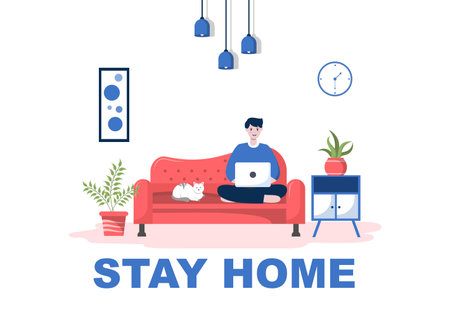 Stay at Home for Quarantine or Self Isolation to Reduce the Risk of Infection To Prevent Coronavirus. Vector Illustrationのイラスト素材