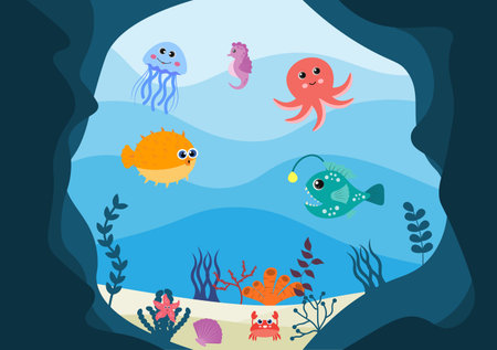 Underwater Scenery and Cute Animal Life in the Sea with Seahorses, Starfish, Octopus, Turtles, Sharks, Fish, Jellyfish, Crabs Design. Vector Illustrationのイラスト素材