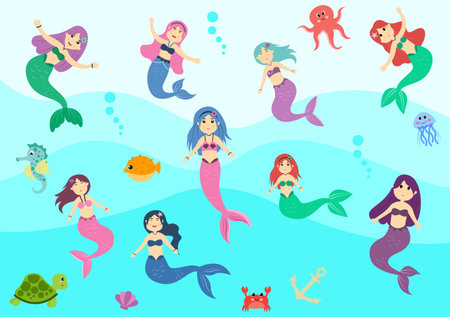 Underwater Mermaid Vector Illustration Cute Sea Animals Cartoon Characters Along with Fish, Turtle, Octopus, Seahorse, Crab Designのイラスト素材