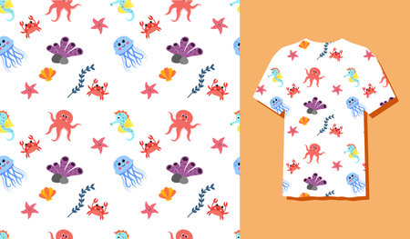 Cute Character Fish Animal Seamless Patterns Can Be Used as Designs On Clothes, Wallpapers, Backgrounds. Vector Illustrationのイラスト素材