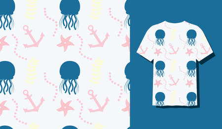 Cute Character Squid Animal Seamless Patterns Can Be Used as Designs On Clothes, Wallpapers, Backgrounds. Vector Illustrationのイラスト素材