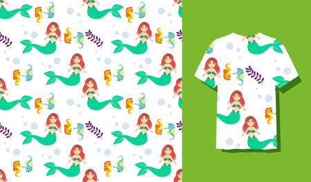 Seamless Patterns Underwater Mermaid Vector Illustration Cute Sea Animals Cartoon Characters Along with Fish, Turtle, Octopus, Seahorse, Crabのイラスト素材