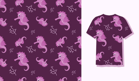 Cute Character Seahorses Animal Seamless Patterns Can Be Used as Designs On Clothes, Wallpapers, Backgrounds. Vector Illustrationのイラスト素材