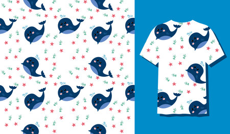 Cute Character Fish Animal Seamless Patterns Can Be Used as Designs On Clothes, Wallpapers, Backgrounds. Vector Illustrationのイラスト素材