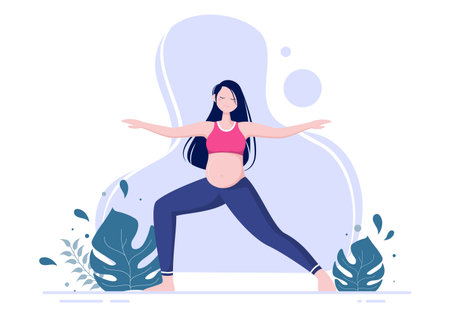 Pregnant Woman Doing Yoga Poses With Relaxing, Meditation, Balance Exercises and Stretching. Flat Design Vector Illustrationのイラスト素材