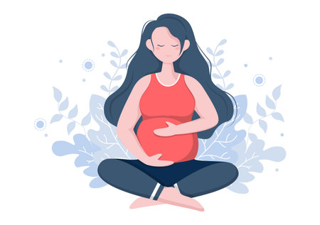 Pregnant Woman Doing Yoga Poses With Relaxing, Meditation, Balance Exercises and Stretching. Flat Design Vector Illustrationのイラスト素材