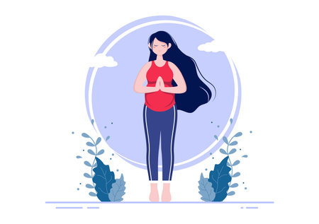 Pregnant Woman Doing Yoga Poses With Relaxing, Meditation, Balance Exercises and Stretching. Flat Design Vector Illustrationのイラスト素材
