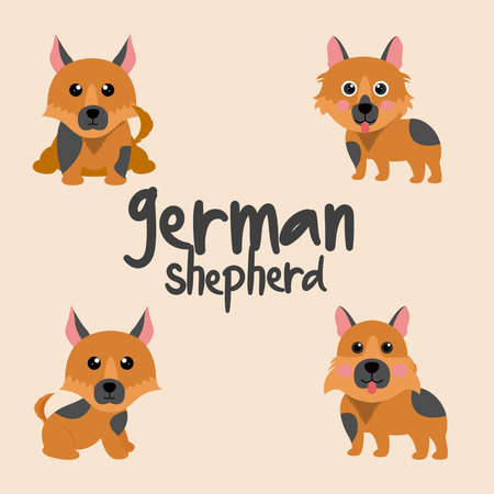 Set Character Animal In Various Poses Of Cute German Shepherd Dog Is Sitting, Sleep, and Jumping. Vector Illustrationのイラスト素材