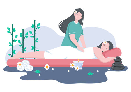 Massage Vector Illustration In Beauty Salon, Body Spa, Relaxation, Facial Essential And Skincare. Flat Designのイラスト素材
