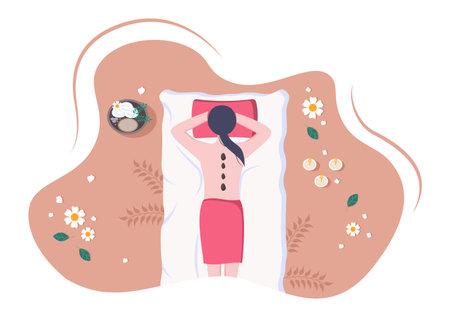 Massage Vector Illustration In Beauty Salon, Body Spa, Relaxation, Facial Essential And Skincare. Flat Designのイラスト素材