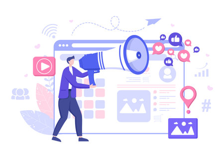 Social Media Marketing Illustration For Advertising Online Service Platform, Online Course, Analytic, Ad Management Software, Website Designのイラスト素材