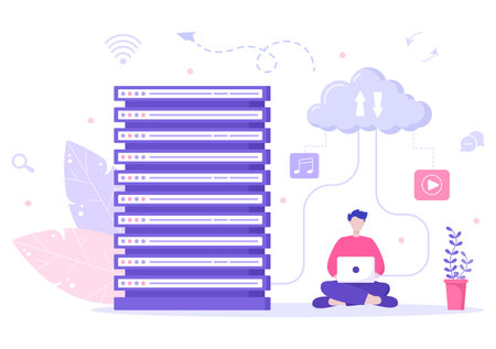 Computer Cloud Server Hosting Storage Illustration Of Data Transmission Technology and Protection With Administrator or Developer Team Designのイラスト素材