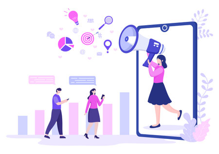 SEO Optimization Vector Illustration To Search Engine, App Development, Web Pages and Bookmarks. Landing Page or Banner Templateのイラスト素材