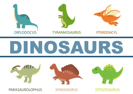 Cute Dinosaurs Cartoon Characters Illustration as Spinosaurus, Parasaurolophus, Stegosaurus, Tyrannosaurus, Pterodactyl, and Diplodocus. Wallpaper Background Templateのイラスト素材