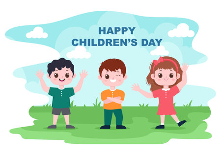 Happy Children's Day Celebration With Cartoon Character Illustration For Poster, Greeting Cards, Wallpaper Background, Banner, And Landing Pageのイラスト素材